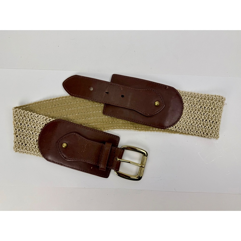 Chicos Brown Beige Woven Stretch Cinch Belt Wide Waist Gold Buckle S/M
